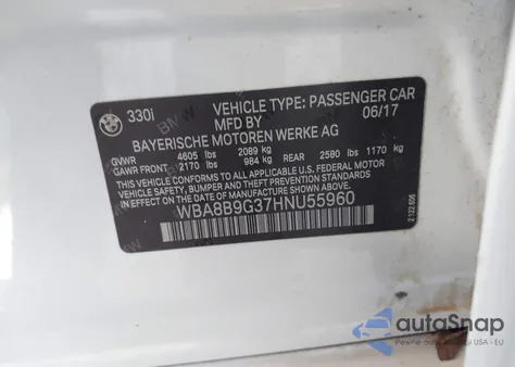 2017 BMW 330I z USA, uszkodzony, nr VIN WBA8B9G37HNU55960